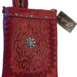 Jade Red Embroidered Clutch with Studded Details